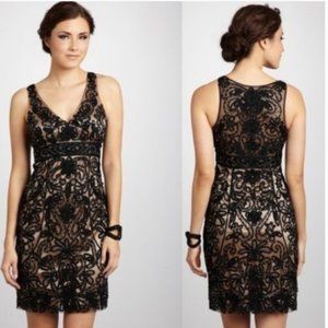 Sue Wong Black Nocturne Beaded Lace Illusion Cocktail Dress, Size 4